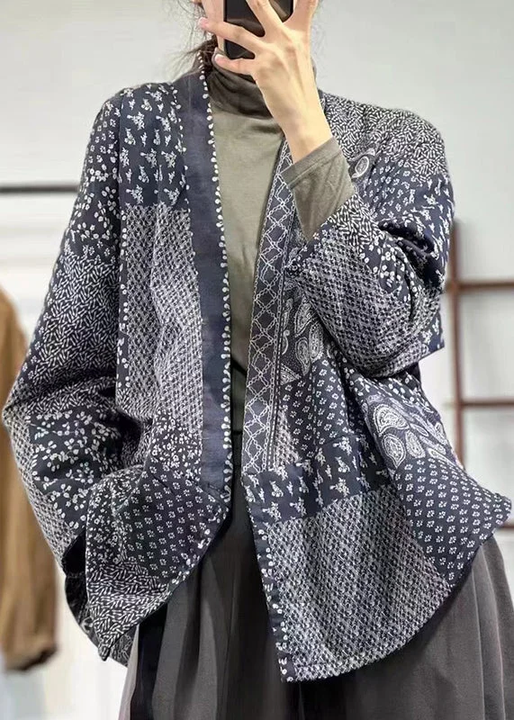 Classic Women's Apparel Loose Blue V Neck Button Print Linen Coat Long Sleeve