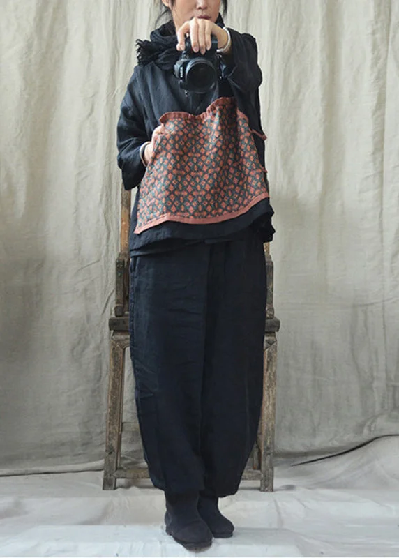 Women's Vintage-Inspired Outfit Casual Black O-Neck Print Linen Waistcoat And Pants Two Pieces Set Fall