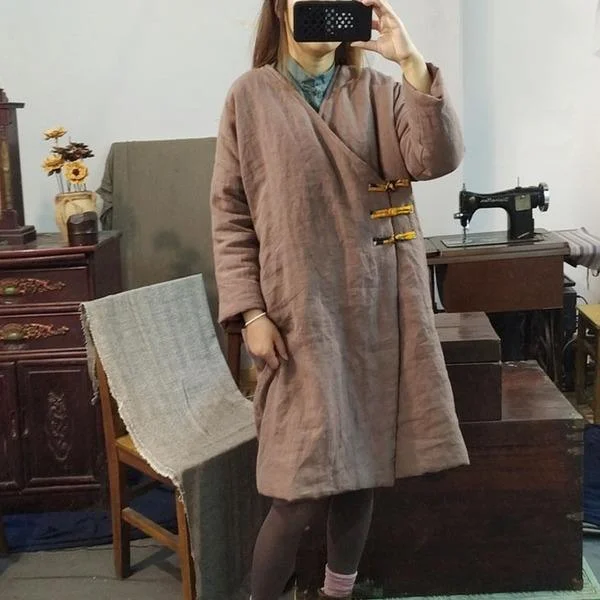 Women's Holiday Apparel Women Vintage Linen Thick Parkas V-Neck Long Sleeve Coats