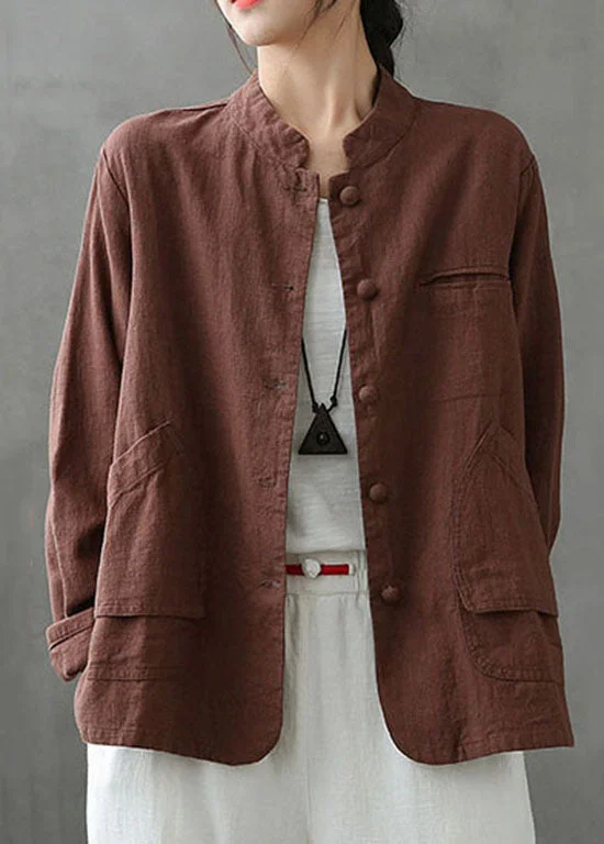 Women's Trendy Outfit Coffee Pockets Patchwork Linen Coats Stand Collar Button Spring Women's Trendy Outfit Coffee Pockets Patchwork Linen Coats Stand Collar Button Spring