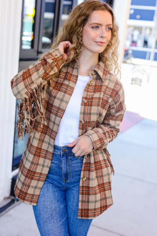Women's Trendy Garments Boldly You Taupe & Rust Flannel Plaid Fringe Jacket