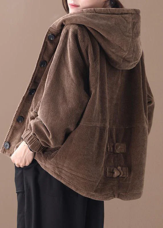 Classic Women's Clothing Styles Fine Chocolate Hooded Corduroy Winter Coats Warm Outwear
