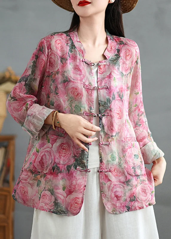 Charming Women's Clothes For Special Events Chinese Style Pink Print Oriental Button Linen Shirts Coat Fall