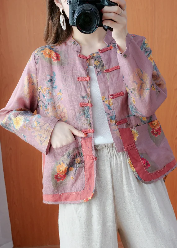 Stylish Outerwear Clothing For Women Unique Dark Pink Stand Collar Pockets Print Linen Coat Long Sleeve