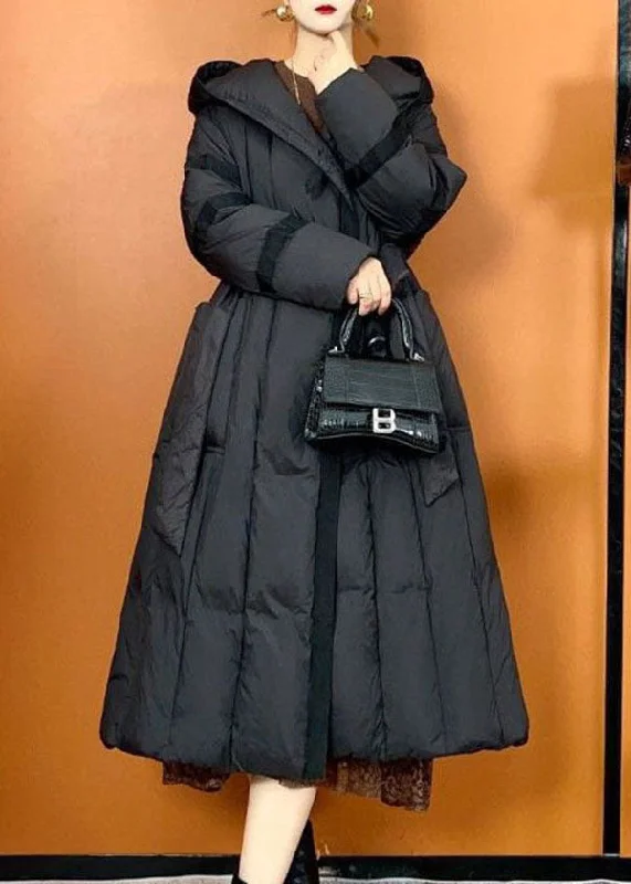Women's Elegant Clothes Bohemian Black Hooded Oversized Pockets Duck Down Puffers Jackets Winter