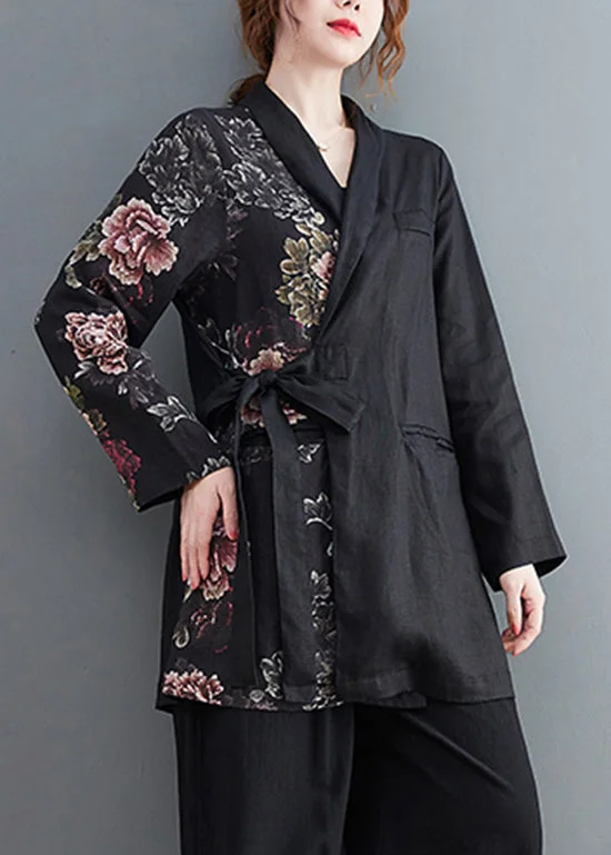Women's Clothing And Garments Sets Women Black tie waist Asymmetrical Pockets Print Linen coat Long Sleeve Women's Clothing And Garments Sets Women Black tie waist Asymmetrical Pockets Print Linen coat Long Sleeve