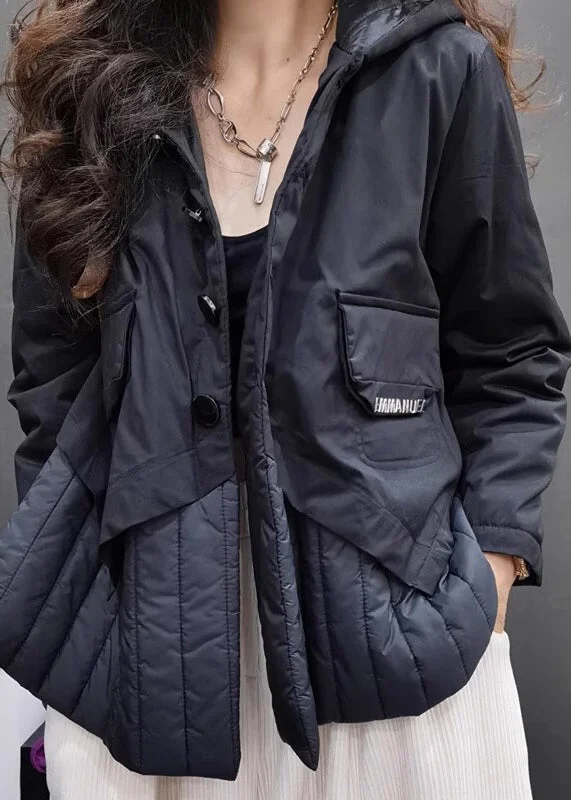 Women's Trendy Casual Clothes Women Black Patchwork Fine Cotton Filled Hooded Jacket Long Sleeve