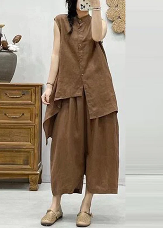 Casual Clothes For Women Plus Size Coffee Stand Collar Asymmetrical Patchwork Linen Waistcoat And Crop Pants Two Pieces Set Summer Casual Clothes For Women Plus Size Coffee Stand Collar Asymmetrical Patchwork Linen Waistcoat And Crop Pants Two Pieces Set Summer