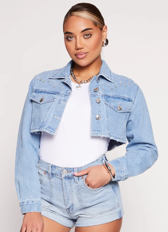 Women's Evening Outfit Almost Famous Rhinestone Detail Cropped Jean Jacket