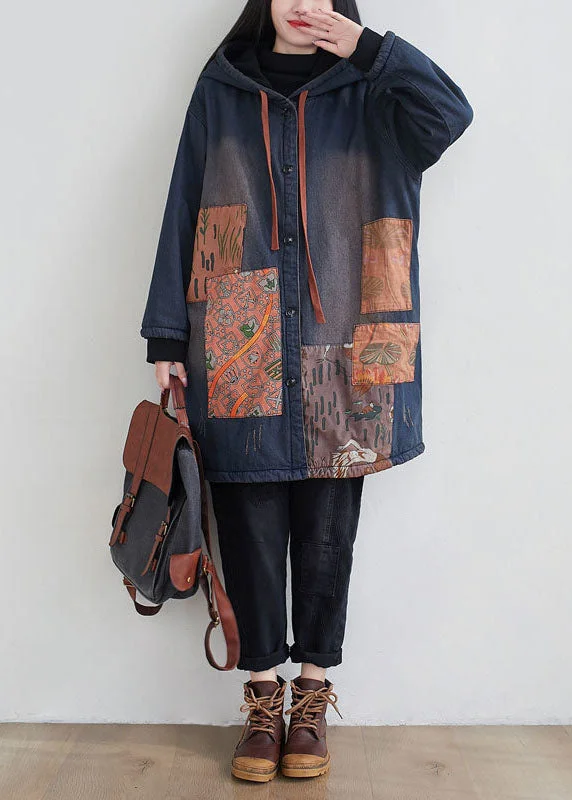 Women's Clothing For Special Occasions Handmade Navy Hooded Patchwork Applique Fine Cotton Filled Coats Winter Women's Clothing For Special Occasions Handmade Navy Hooded Patchwork Applique Fine Cotton Filled Coats Winter