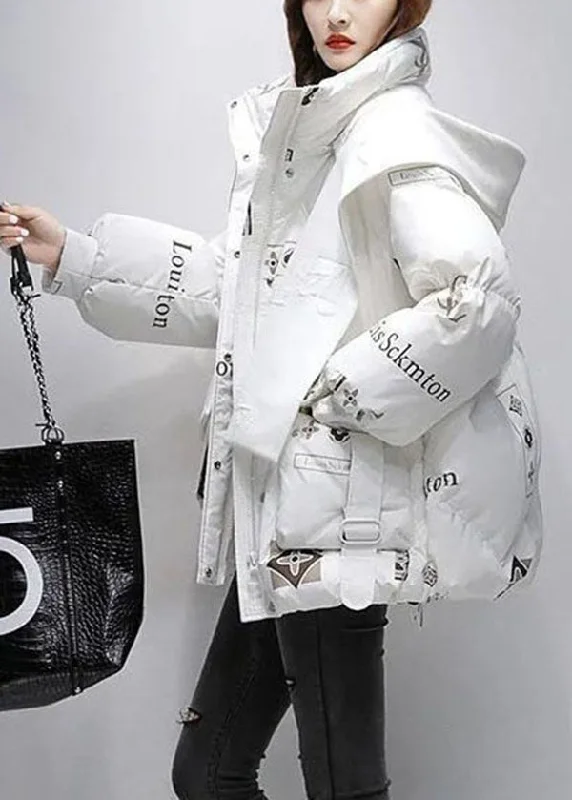 Women's Trendy Clothing Fine White Hooded Letter Print Duck Down Puffer Jacket Winter