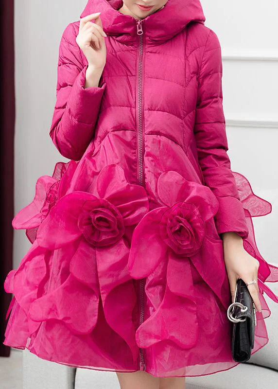 Casual Clothing For Women Italian Rose Hooded Pockets Floral Patchwork Duck Down Winter Coats