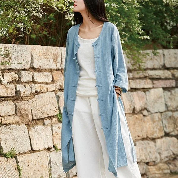 Limited-Time Markdowns On Stylish Wardrobe Essentials Style Women Solid Color Long Trench Coats  New Cotton Linen Vintage O-Neck Plate Buckle Coats