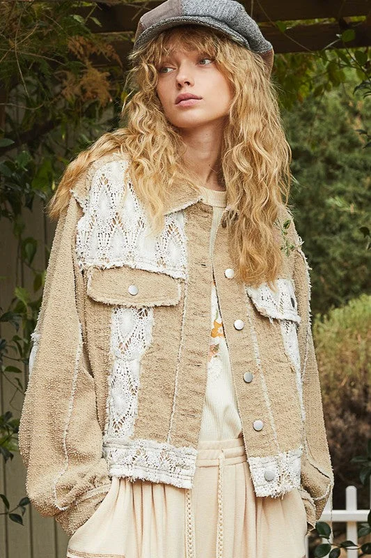 Women's Clothes For The Office Sand Floral Embroidered Crochet Trim Jacket