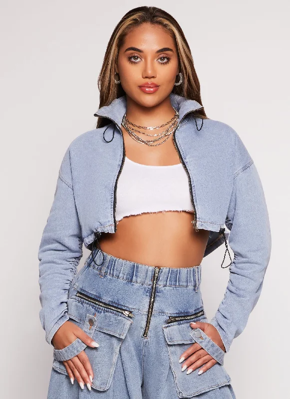 Women's Outfit Ruched Zip Front Drawstring Hem Jean Jacket