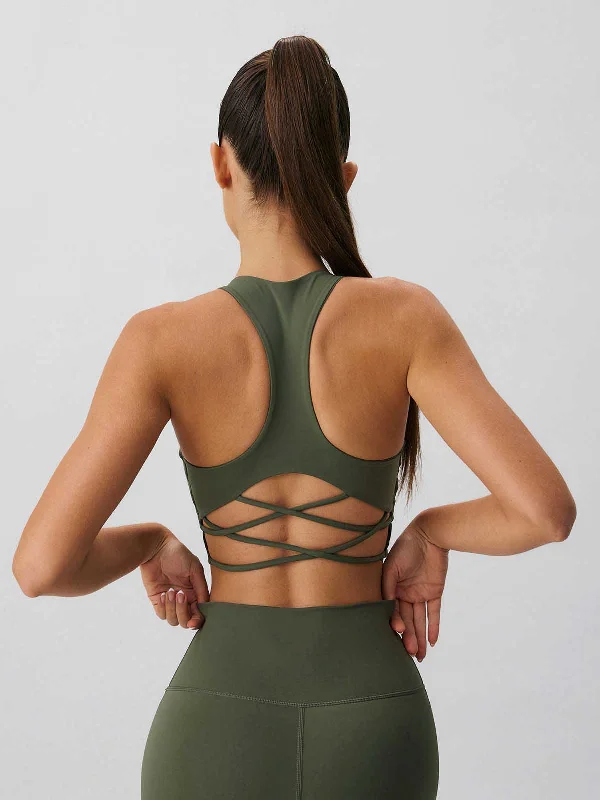 Women's Transitional Clothes Trendy Street Style Army Green Cross Back Sports Bra - Light Support