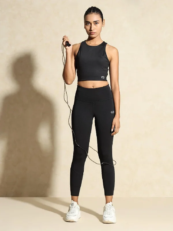 Women's Outdoor Activity Garments Budget Saver Black Keyhole Back Crop Top with Clasp & 7/8 Leggings Women's Outdoor Activity Garments Budget Saver Black Keyhole Back Crop Top with Clasp & 7/8 Leggings