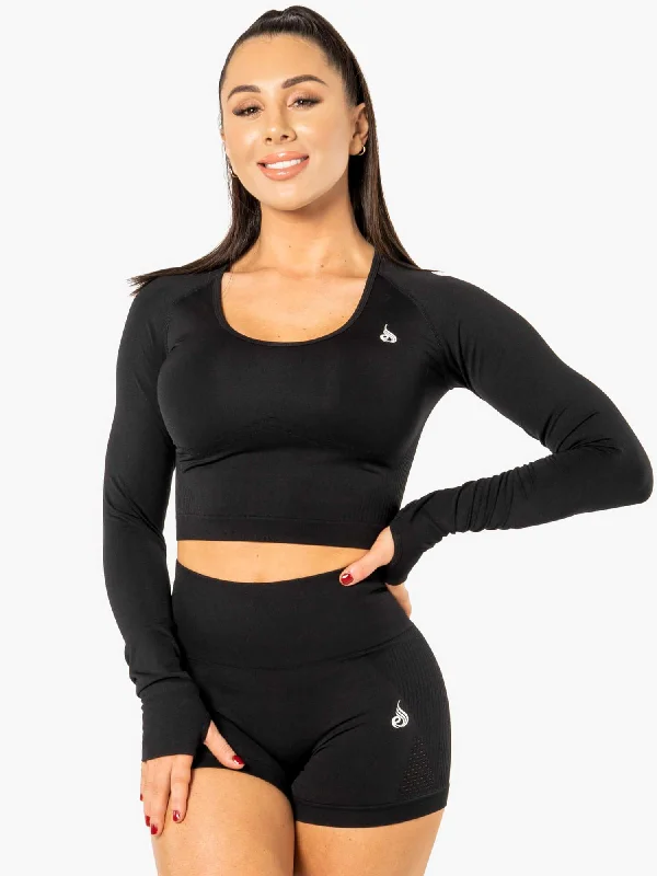 Women's Workout Garments Casual Chic Electra Seamless Long Sleeve Crop Top - Black