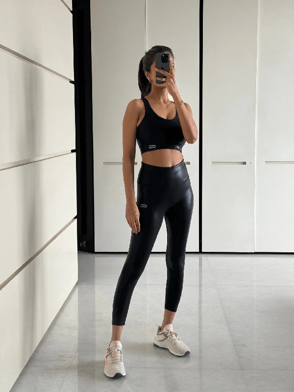 Women's Cozy Outfit For Lounging Essentials On Sale Gloss Shiny Black High Impact Action Bra and Ath Track Leggings Women's Cozy Outfit For Lounging Essentials On Sale Gloss Shiny Black High Impact Action Bra and Ath Track Leggings