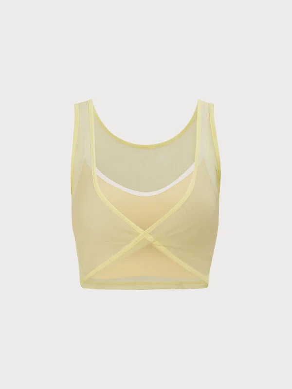 Classic Clothes For Women Season Sale Lemon Yellow 2 Pcs Mesh Sports Cami Set - Light Support