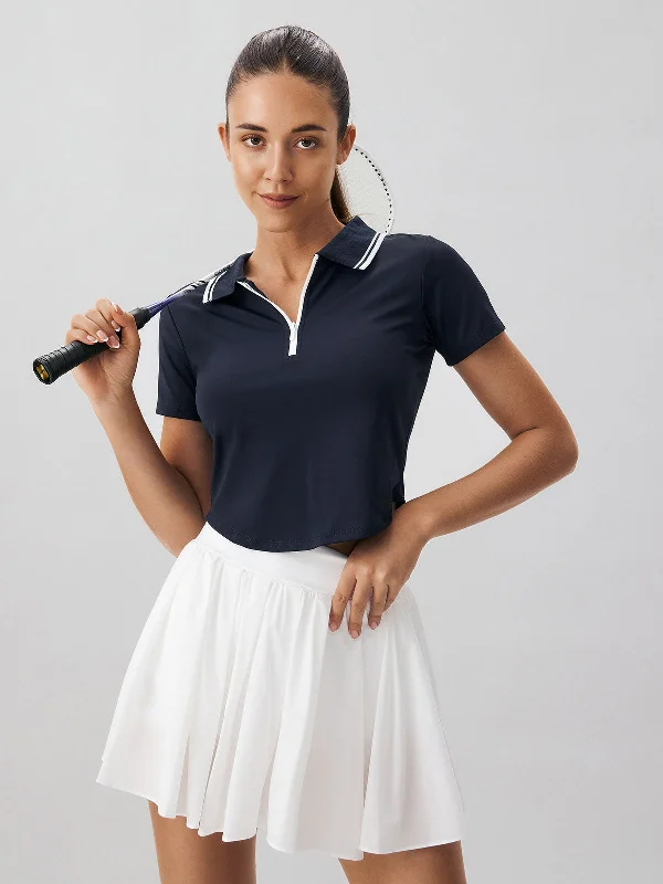 Comfortable Women's Clothes Insane Discount Onslaught Navy Collar Short Sleeve Top - Light Support Comfortable Women's Clothes Insane Discount Onslaught Navy Collar Short Sleeve Top - Light Support