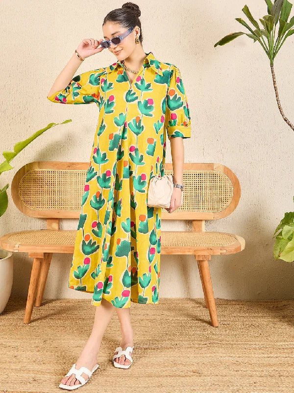 Women's Casual Outfit Playful Fashion Offers Front Pleated Floral Midi Dress