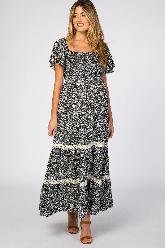 Affordable Trendy Clothes For Women Enjoy Discount Black Floral Square Neck Smocked Front Lace Trim Maternity Maxi Dress