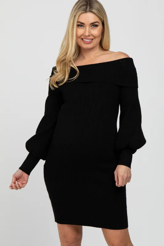 Women's High-Fashion Clothes High-End Style Discounts Black Off Shoulder Bubble Sleeve Maternity Sweater Dress Women's High-Fashion Clothes High-End Style Discounts Black Off Shoulder Bubble Sleeve Maternity Sweater Dress