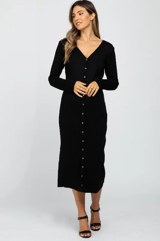 Elegant Women's Evening Garments Vintage-Modern Style Offers Black Ribbed Button Front Midi Cardigan Maternity Dress
