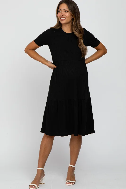 Women's Evening Wear Outfit Break Fashion Norms Black Ribbed Tiered Maternity Dress