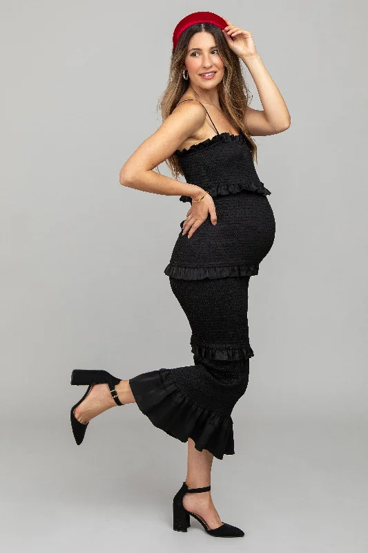 Comfortable Garments For Women End Of Season Sale Black Satin Smocked Fitted Maternity Midi Dress Comfortable Garments For Women End Of Season Sale Black Satin Smocked Fitted Maternity Midi Dress