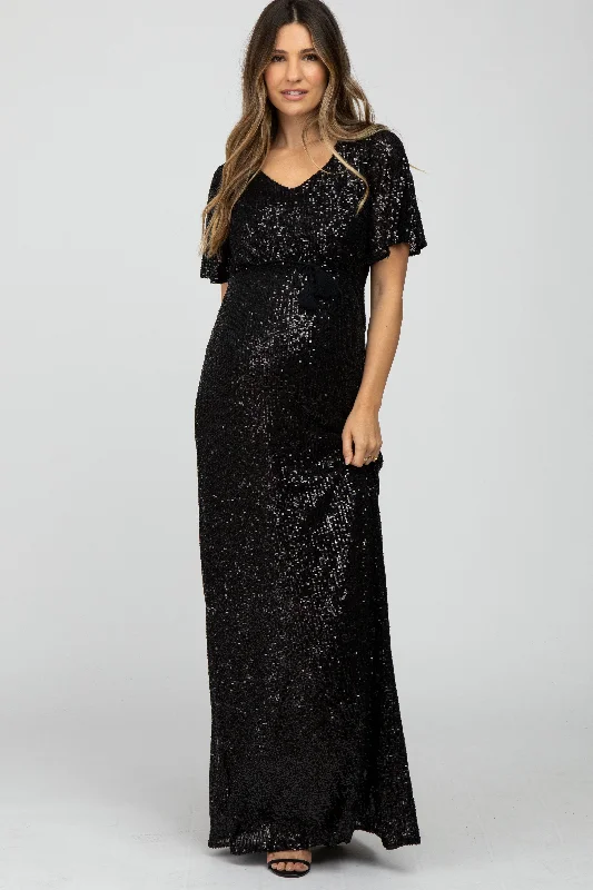 Elegant Women's Attire Unleash Your Fashion Black Sequin Short Sleeve Maternity Maxi Dress Elegant Women's Attire Unleash Your Fashion Black Sequin Short Sleeve Maternity Maxi Dress