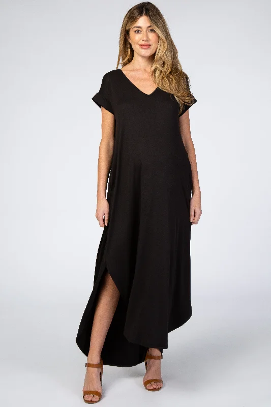 Charming Women's Garments Gift Ideas Black Side Slit Maternity Maxi Dress