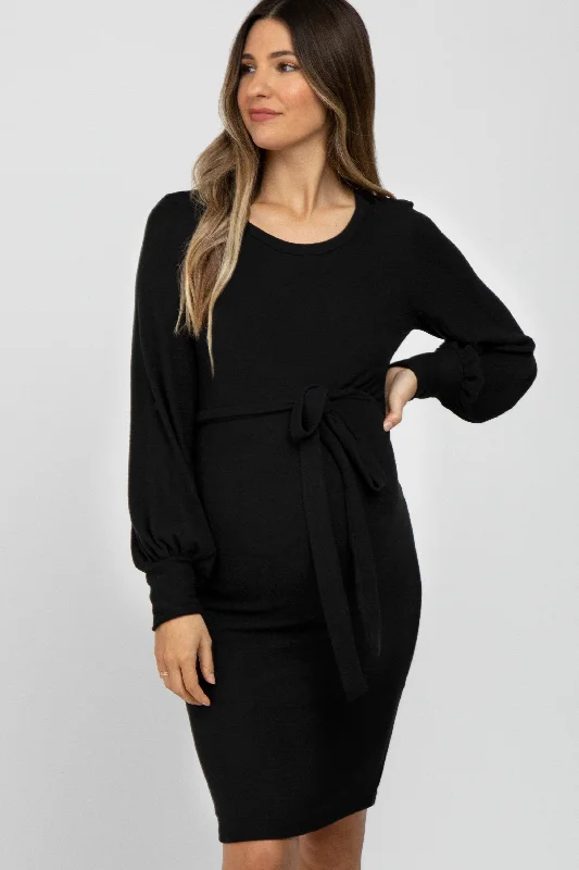 Women's Formal Clothes Edgy Fashion Deals Black Soft Brushed Waist Tie Bubble Sleeve Maternity Dress Women's Formal Clothes Edgy Fashion Deals Black Soft Brushed Waist Tie Bubble Sleeve Maternity Dress