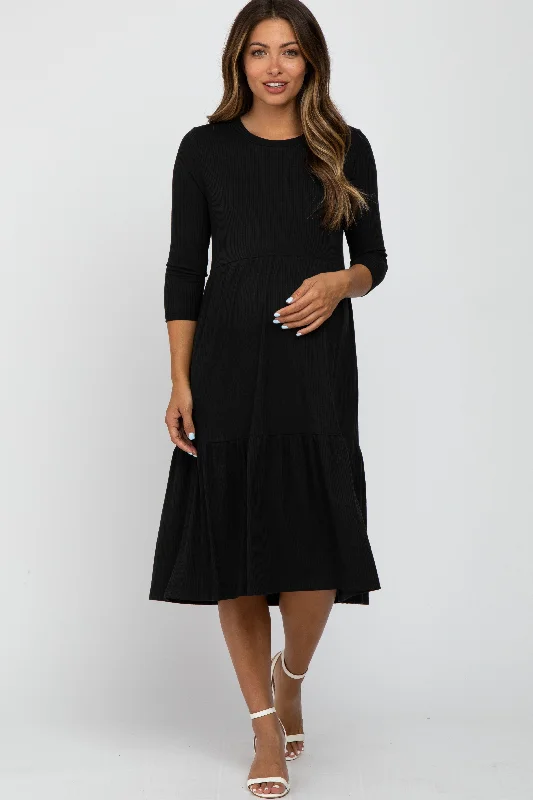 Women's Apparel And Garments Urban Style Promotions Black Tiered Ribbed 3/4 Sleeve Maternity Midi Dress Women's Apparel And Garments Urban Style Promotions Black Tiered Ribbed 3/4 Sleeve Maternity Midi Dress