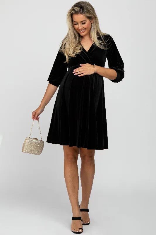 Women's Plus-Size Clothes Romantic Chic Deals Black Velvet Wrap Front Babydoll Maternity Dress Women's Plus-Size Clothes Romantic Chic Deals Black Velvet Wrap Front Babydoll Maternity Dress