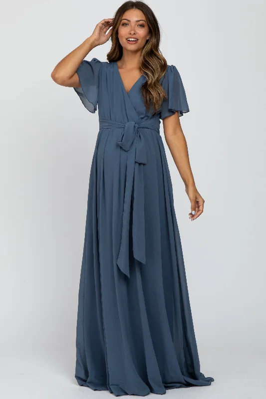 Women's Clothing For Casual Outings Comfortable Chic Blue Chiffon Short Sleeve Maternity Maxi Dress Women's Clothing For Casual Outings Comfortable Chic Blue Chiffon Short Sleeve Maternity Maxi Dress