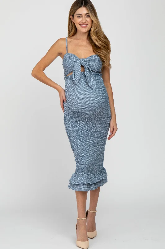Women's Charming Outfit For Events Unbeatable Deals Blue Gingham Print Smocked Fitted Self-Tie Maternity Midi Dress Women's Charming Outfit For Events Unbeatable Deals Blue Gingham Print Smocked Fitted Self-Tie Maternity Midi Dress