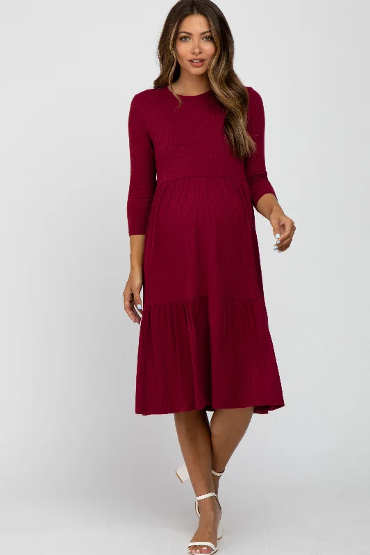 Women's Everyday Attire Fashion Forward Burgundy Tiered Ribbed 3/4 Sleeve Maternity Midi Dress Women's Everyday Attire Fashion Forward Burgundy Tiered Ribbed 3/4 Sleeve Maternity Midi Dress