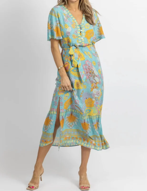 Comfortable Outfit For Women Spring Fashion Butterfly Sleeve Midi Dress In Light Blue Floral