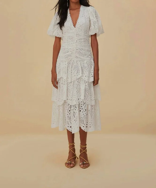 Women's Sports Apparel Season Sale Cotton Eyelet Puff Sleeve Midi Dress In White