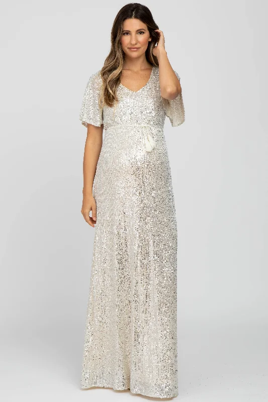 Women's Seasonal Clothes New In This Season Cream Sequin Short Sleeve Maternity Maxi Dress Women's Seasonal Clothes New In This Season Cream Sequin Short Sleeve Maternity Maxi Dress