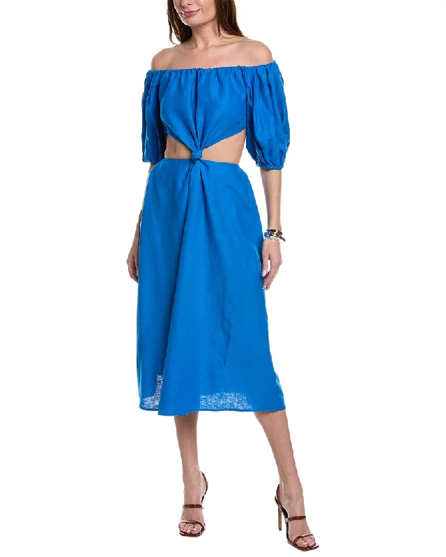 Women's Professional Clothes Elegant Style FARM Rio Cutout Waist Linen-Blend Midi Dress