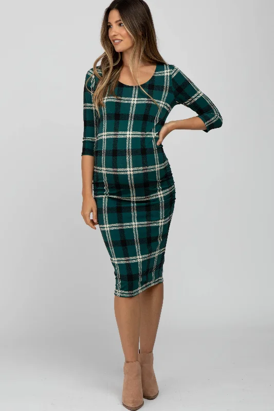 Women's Casual Outfit The Latest Trends Forest Green Plaid 3/4 Sleeve Ruched Maternity Dress Women's Casual Outfit The Latest Trends Forest Green Plaid 3/4 Sleeve Ruched Maternity Dress