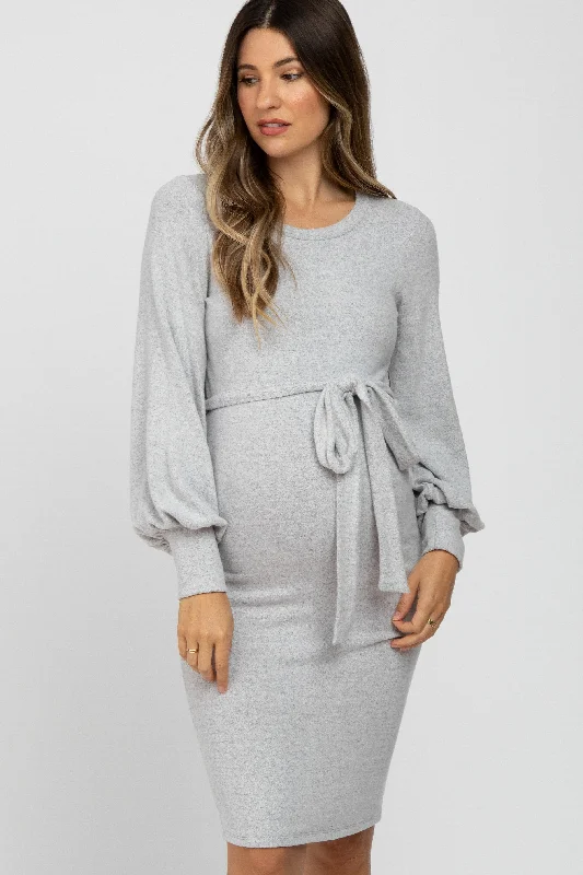 Women's Comfortable Lounge Garments Elegant Style Heather Grey Soft Brushed Waist Tie Bubble Sleeve Maternity Dress Women's Comfortable Lounge Garments Elegant Style Heather Grey Soft Brushed Waist Tie Bubble Sleeve Maternity Dress