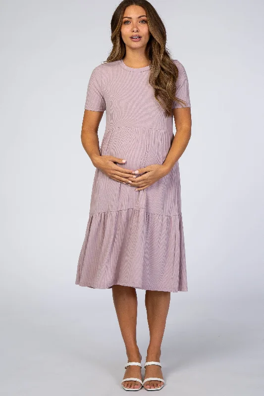 Luxury Women's Clothes Fashionista Favorites Lavender Ribbed Tiered Maternity Dress