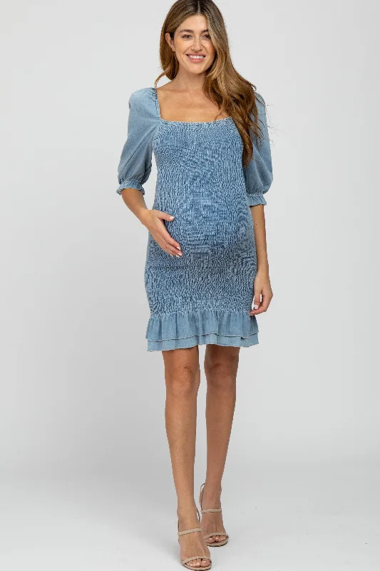 Women's Transitional Clothes Unbeatable Prices Light Blue Square Neck Smocked Denim Maternity Dress Women's Transitional Clothes Unbeatable Prices Light Blue Square Neck Smocked Denim Maternity Dress