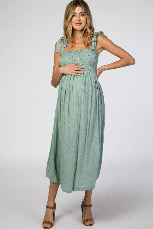 Women's Casual Clothing For Lounging Clearance Event Mint Green Smocked Tie Strap Maternity Midi Dress