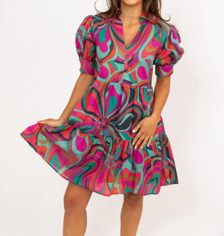 Women's Cozy Outfit For Lounging Limited Time Offers Multi Jewel Swirl Vneck Collar Dress In Magenta