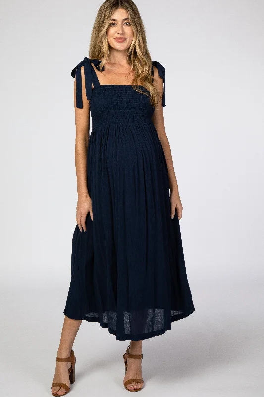 Women's High-Fashion Clothes Insane Discount Onslaught Navy Blue Smocked Tie Strap Maternity Midi Dress